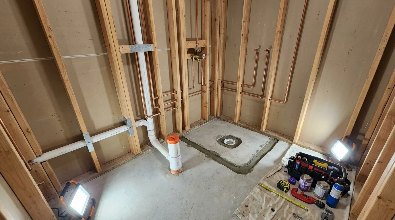 Bathroom rough-in plumbing during remodel by Johns Plumbing LLC in Blacksburg