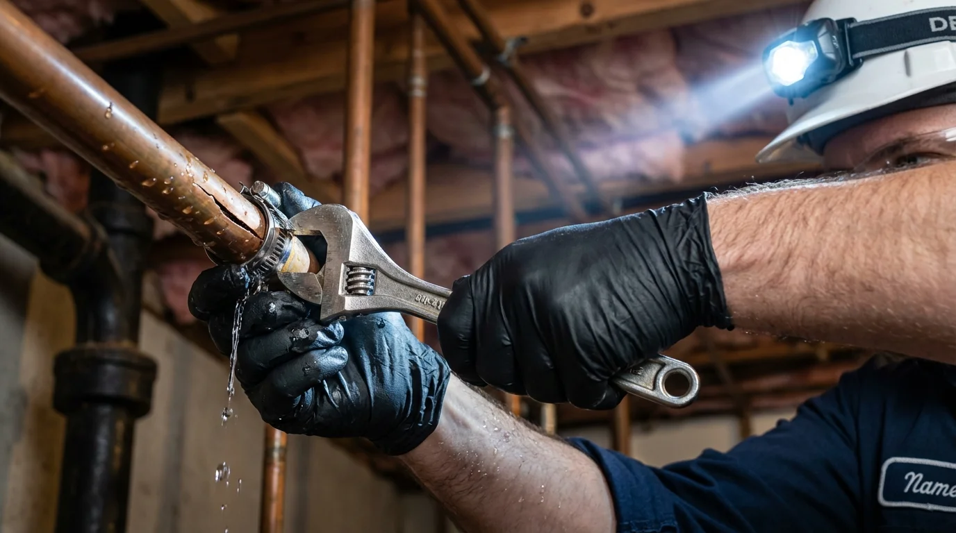Emergency pipe clamp repair being performed by a Johns Plumbing LLC plumber in Blacksburg