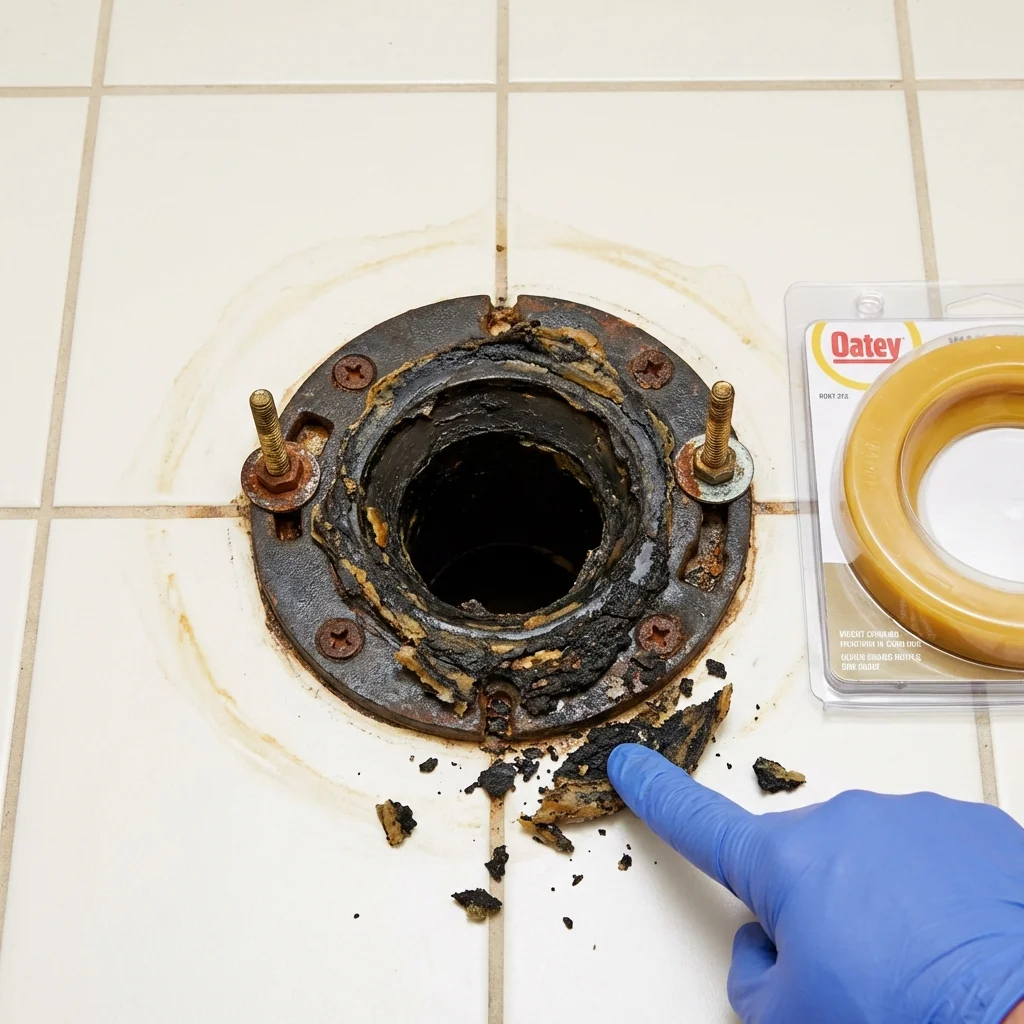 Failed wax ring showing water seepage at the base of a toilet in a Blacksburg, VA home